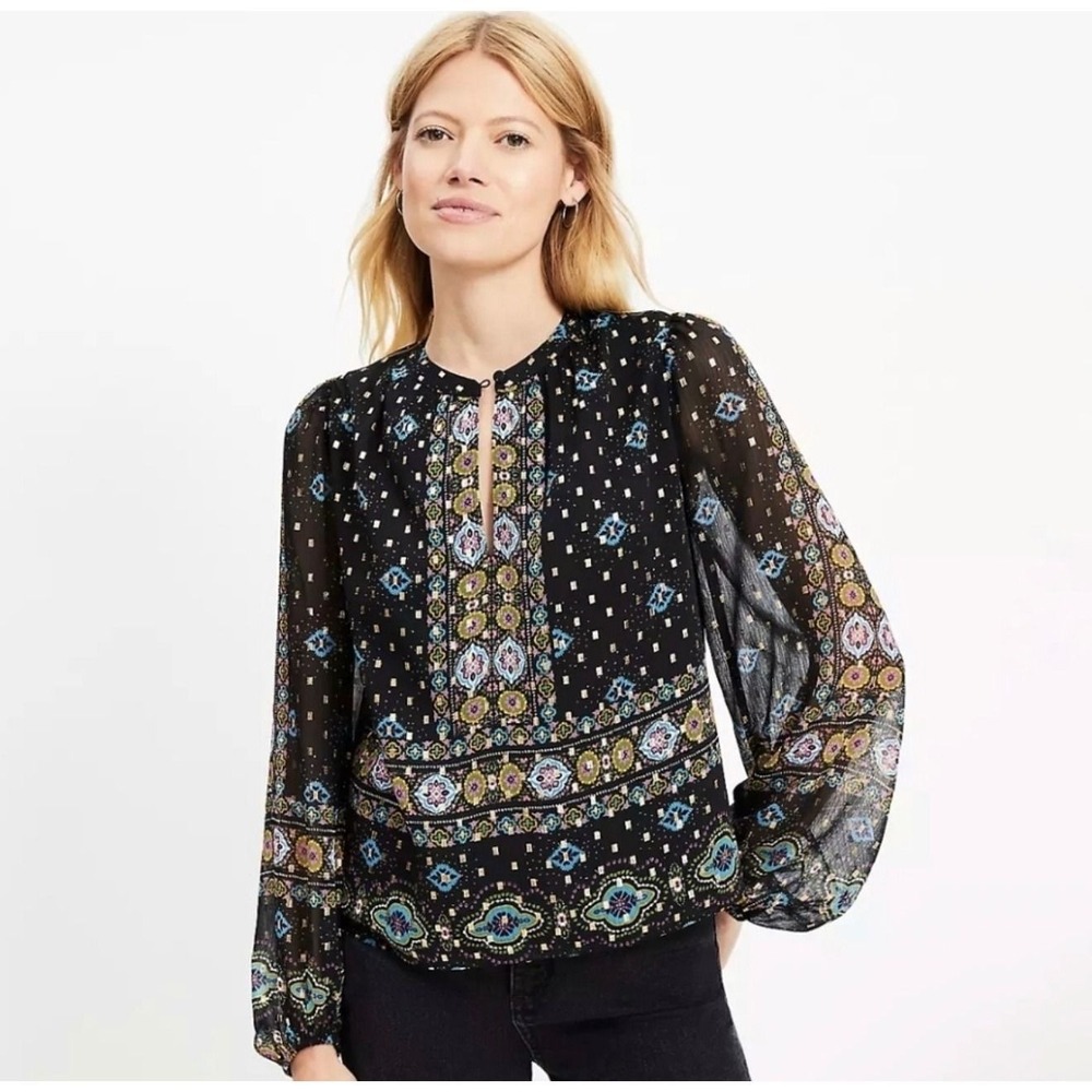 LOFT Chiffon Sheer Blouse Womens Black Metallic Foil Medallion Print Boho M